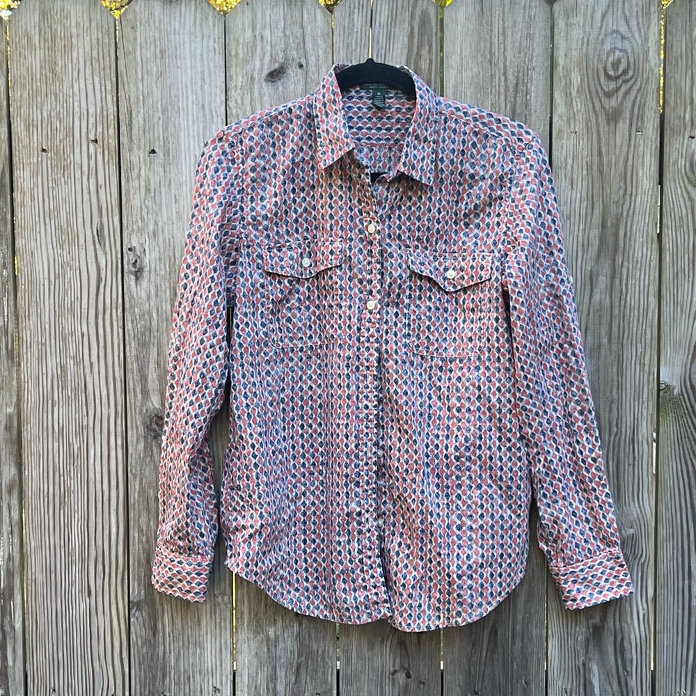 LAUREN RALPH LAUREN Red White Blue Diamond Print Button Down Top Women’s Medium